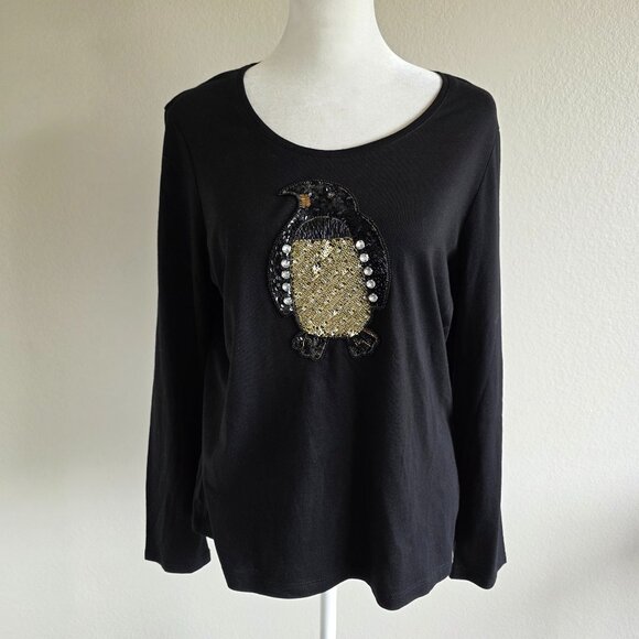 NEW Zenergy by Chico's Penguin Sequins Beaded T-Shirt Tee Black Size 1 Petite - Picture 1 of 8